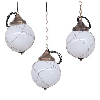 Mid-Century Caged Pendant in Opaline and Brass For Sale