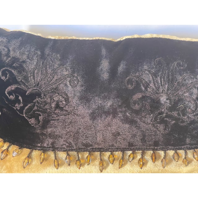 Cute vintage pair of small velvet chocolate brown and beige velvet with embroidery and beaded tassels.