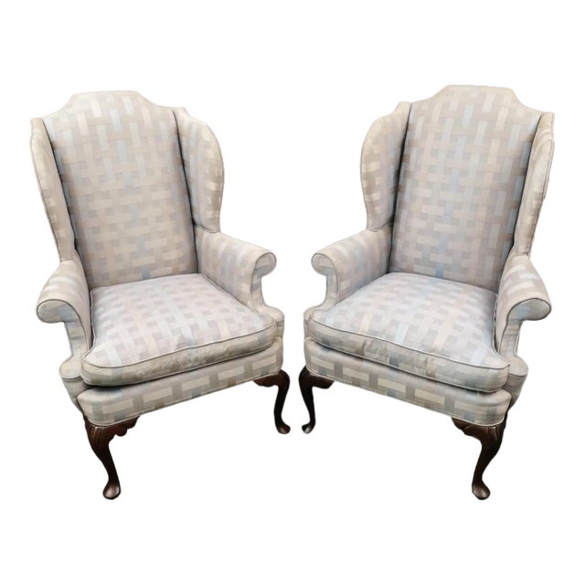 1980s Pair of Hickory Wing Back Chairs in Pastel Check Weave Fabric For Sale