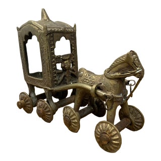Early 20th Century Hindu Bronze Temple Horse and Chariot Statue Toy on Wheels For Sale