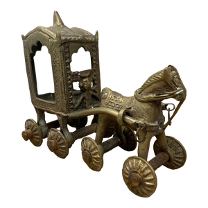 Early 20th Century Hindu Bronze Temple Horse and Chariot Statue Toy on Wheels