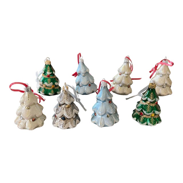 Vintage Blown Glass Christmas Ornaments Trees - Set of 8 For Sale