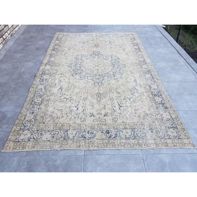 1960s Beige and Blue Vintage Area Carpet For Sale - Image 11 of 11