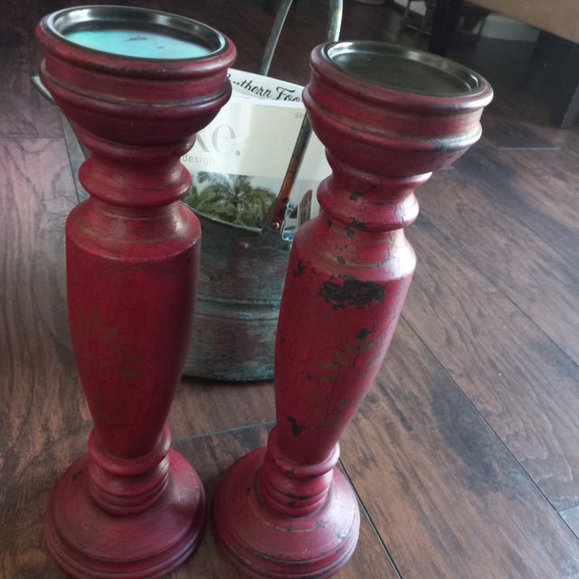 Vintage Rustic Style Red Distressed Wood Pillar Candle Holders Wood - a Pair For Sale In Raleigh - Image 6 of 7