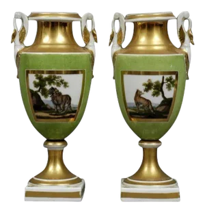 Early 19th Century Old Paris Porcelain Urns or Vases Decorated with Lions on a Bright Green Ground- a Pair