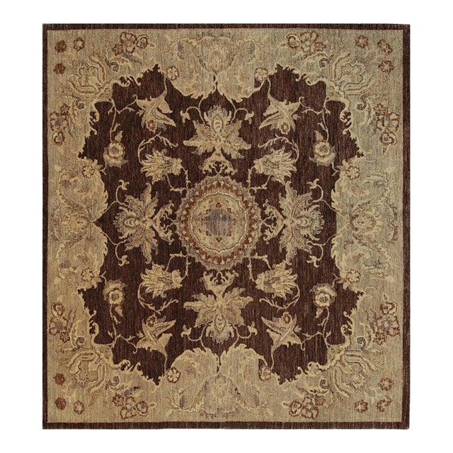 Brown Beige Agra Medallion Hand-Knotted Wool Rug 6x9 For Sale