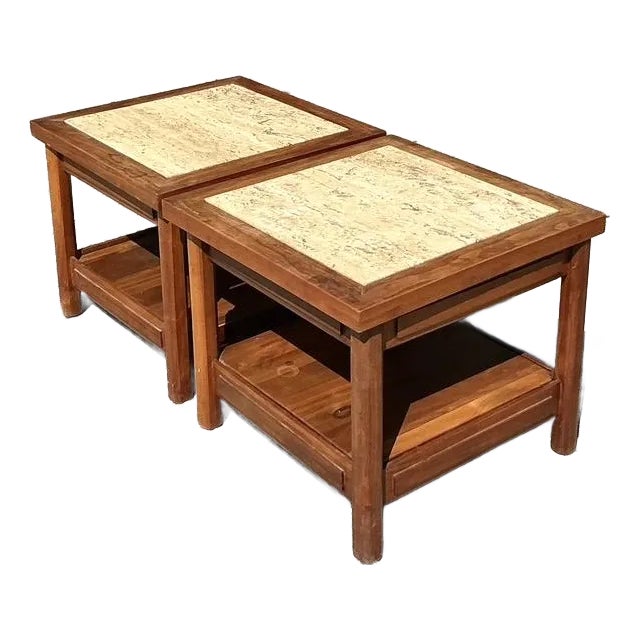 Pair of Vintage Boho Teak Side Tables With Inset Travertine For Sale