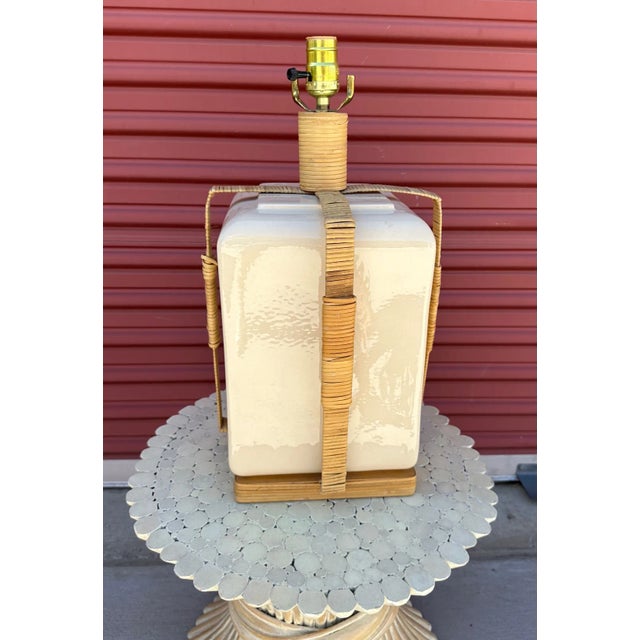 Vintage George Kovacs Style Cane Wrapped Ceramic Table Lamp For Sale In Palm Springs - Image 6 of 9