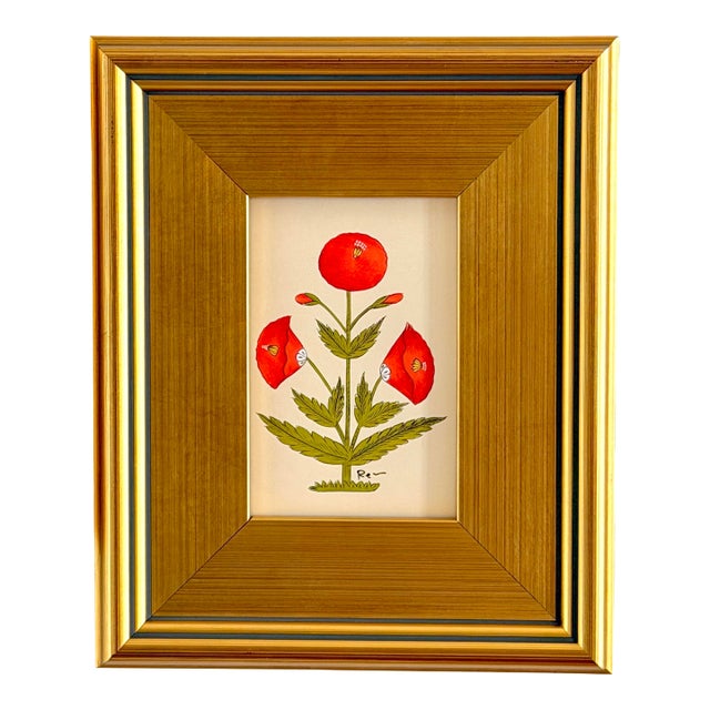 Original Hand-Painted Red Motif Painting, Framed For Sale