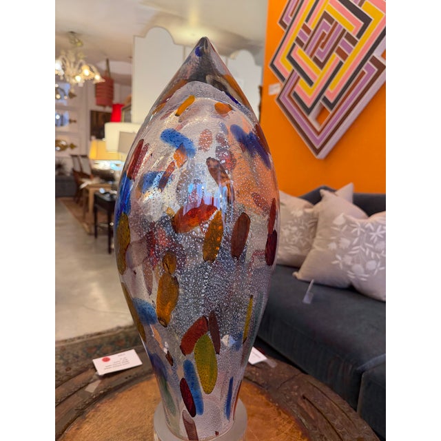 Abstract Hand Blown Murano Glass Sculpture on Case Block With Bubble Inclusion and Original Metal Murano Tag For Sale - Image 3 of 8