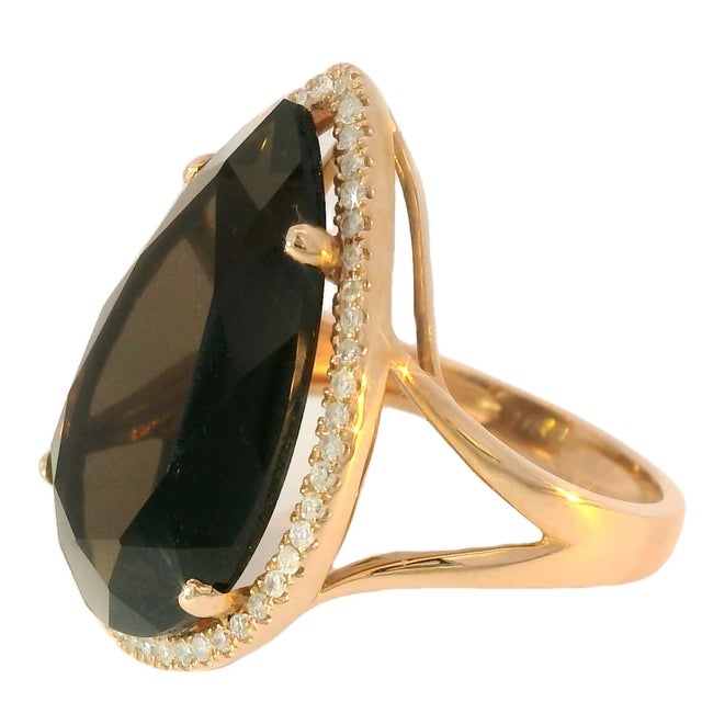 Late 20th Century Late 20th Century 14K Pink Rose Gold Smokey Topaz Brown Quartz MicroPave Diamond Ring, Size 7 For Sale - Image 5 of 6