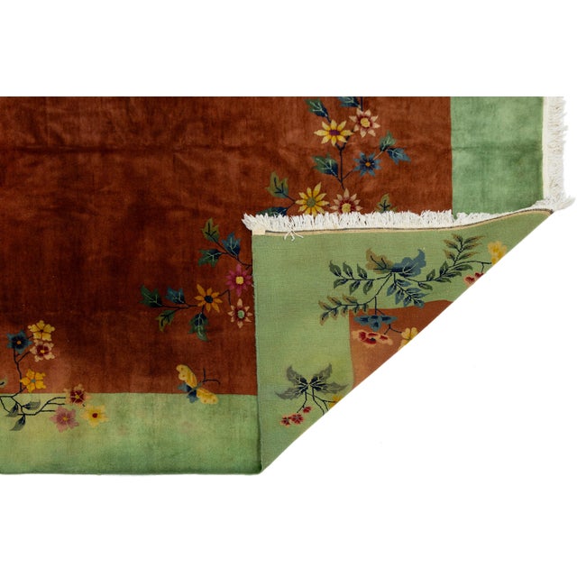 1920s Antique Art Deco Handmade Floral Chinese Green and Brown Wool Rug For Sale - Image 5 of 13