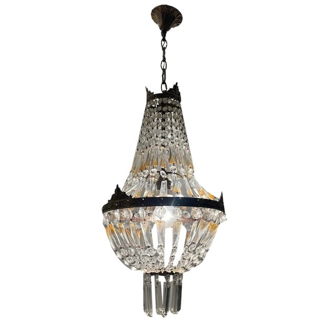 Vintage Bronze Crystal Basket Chandelier, 1960s For Sale