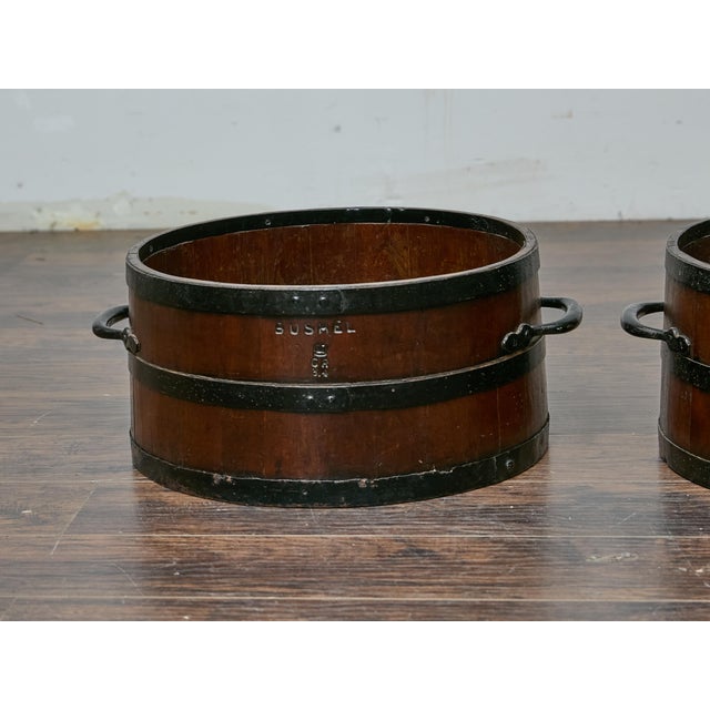 Pair of Antique English Bushel Measures with Iron Bands, Rustic Decor For Sale - Image 9 of 11