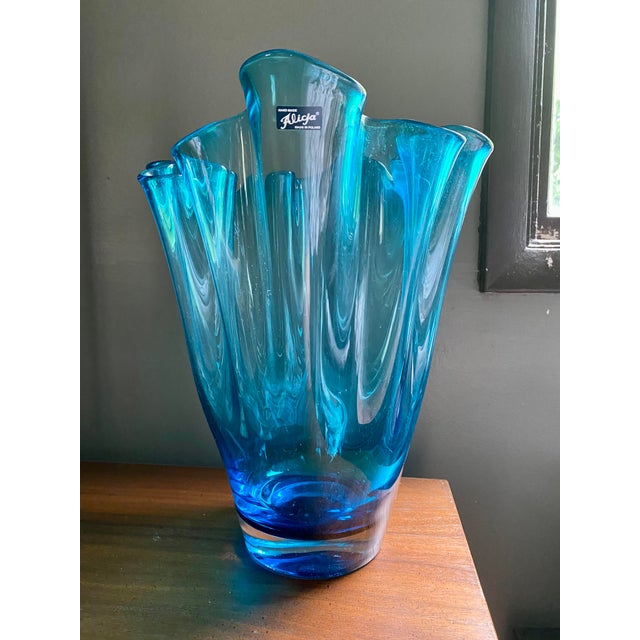 Large Vintage Alicja Blue Art Glass Handkerchief Vase, Made in Poland