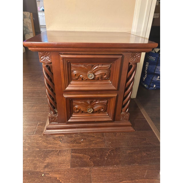 1990s 1990s Traditional Carved Wood 2-Drawer End Table / Nightstand For Sale - Image 5 of 14