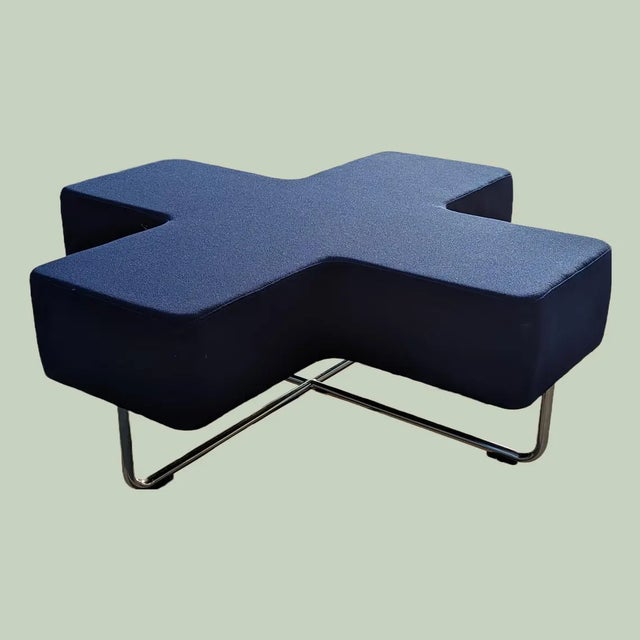 Late 20th Century Postmodern Allermuir "Cross" Modular Bench Blue Upholstered Chrome Ottoman For Sale - Image 4 of 7