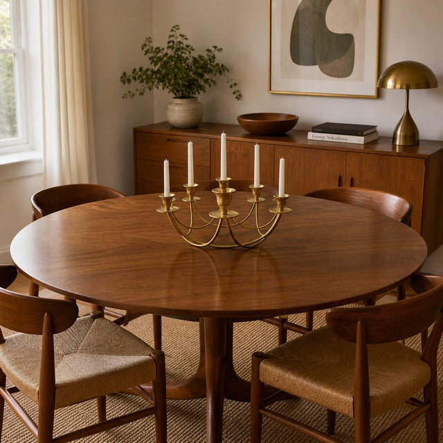 Mid Century Polished Brass 8 Arm Menorah Candelabrum Centerpiece Use as a Centerpiece on a Dining Table, on a long entry...