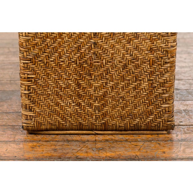 Vintage Burmese Hand-Woven Rattan over Wood Basket Hamper with Pierced Handles For Sale - Image 10 of 13