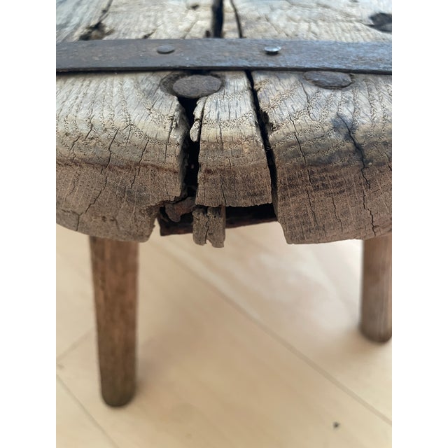 Antique 3 Legged Milking Butcher Stool Reinforced Primitive Iron Straps For Sale - Image 11 of 12