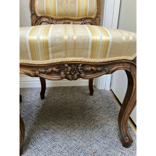 Wood Pair Walnut French Louis Accent Side Chairs Silk Fabric For Sale - Image 7 of 9