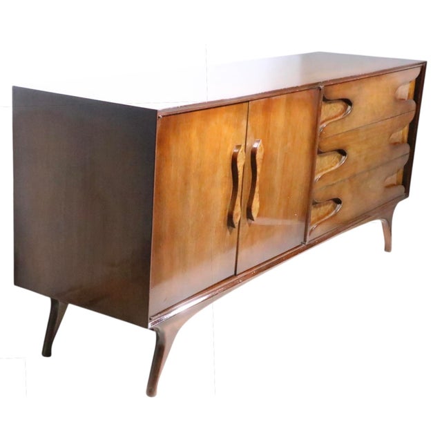 Mid 20th Century Mid Century Dresser With Burl Trim and Sculpted Legs and Drawer Pulls C 1950/60's For Sale - Image 5 of 14