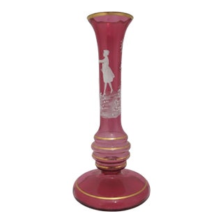 Mary Gregory Czech Red Glass Painted Enamel Boy With Bird Skinny Bud Vase For Sale