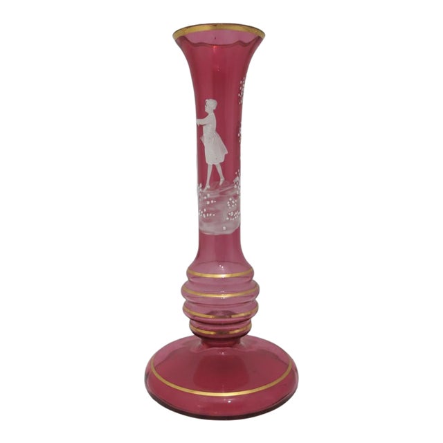 Mary Gregory Czech Red Glass Painted Enamel Boy With Bird Skinny Bud Vase For Sale