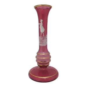 Mary Gregory Czech Red Glass Painted Enamel Boy With Bird Skinny Bud Vase