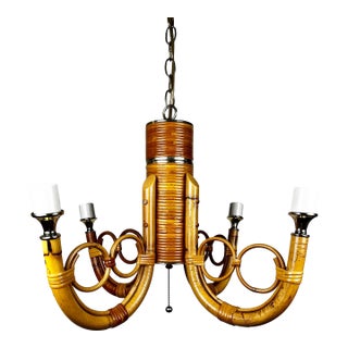 Vintage Bamboo Rattan Chandelier For Sale