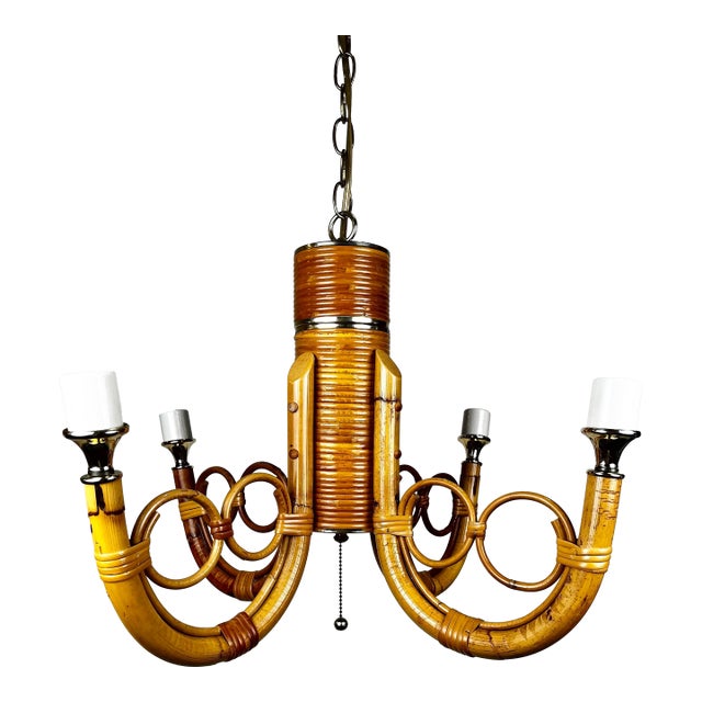 Vintage Bamboo Rattan Chandelier For Sale