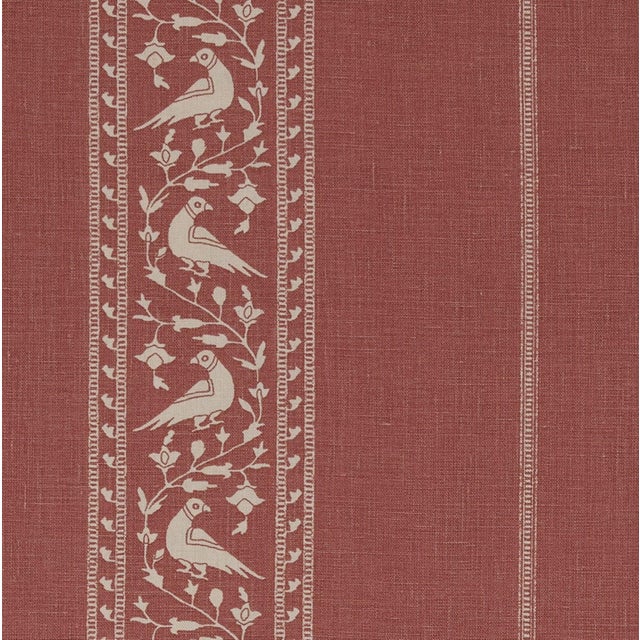 Full-width remnant of Lisa Fine's Baroda II bird-adorned botanical stripe in Guava colorway. 100% linen. Remnant is 52"...