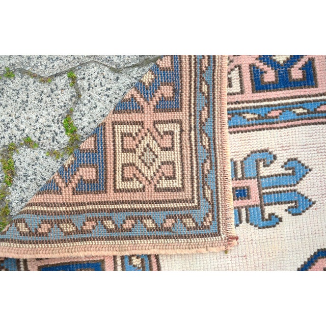 Oushak Vintage Handmade White and Blue Wool Rug For Sale - Image 10 of 11