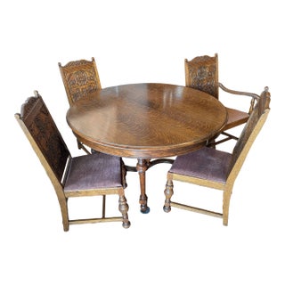1920s Quarter Sawn Oak Round Table With 4 Chairs - Set of 5 For Sale