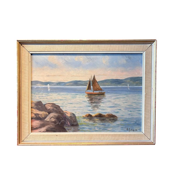 Mid 20th Century Vintage Seascape Oil Painting on Board in Original Frame For Sale - Image 5 of 5