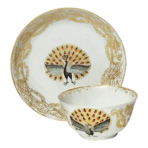 Antique 18th Century Chinese Export Porcelain Tea Cup Bowl & Saucer Dish With Peacocks & Cornucopia