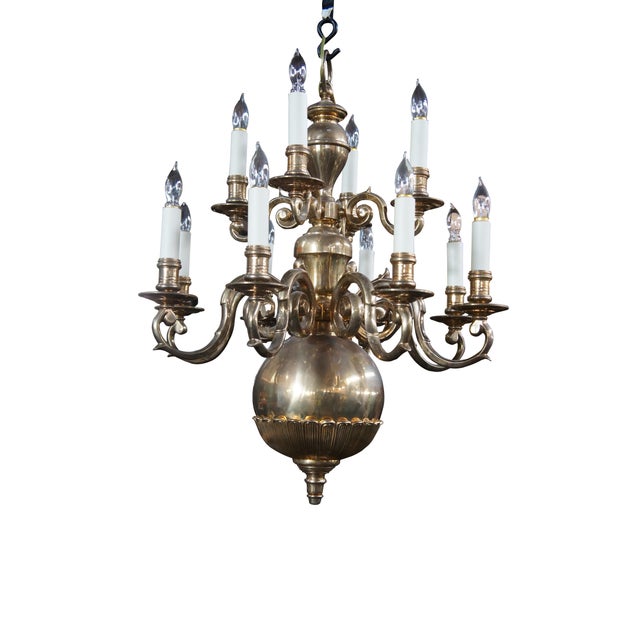 American 1974 Chapman Georigan Colonial Solid Brass 12 Arm Candlestick Chandelier For Sale - Image 3 of 13
