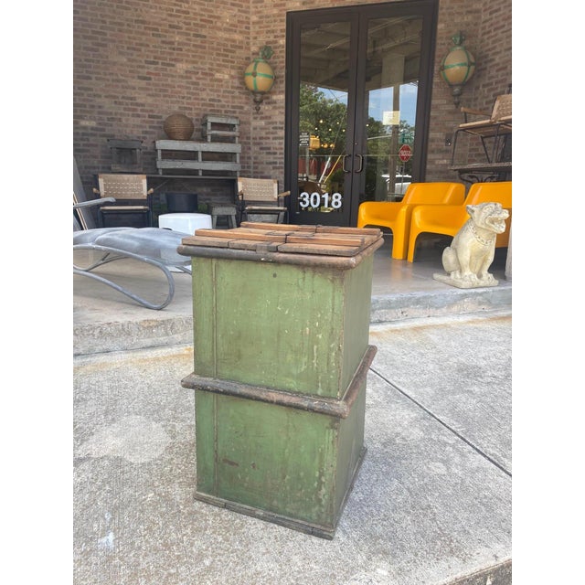 Charming green metal storage box with affixed hinged natural pine top. Makes a perfect side table. France, 1940's