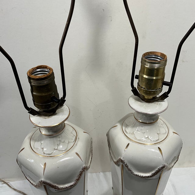 Pair French Empire Neoclassical Mid Century Porcelain Table Lamps Butterfly Finial For Sale In New York - Image 6 of 11