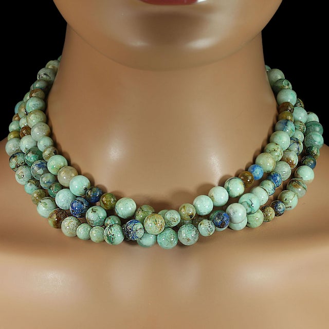Traditional Ajd 17 Inch Three Strand Chrysocolla and Azurite Necklace For Sale - Image 3 of 5