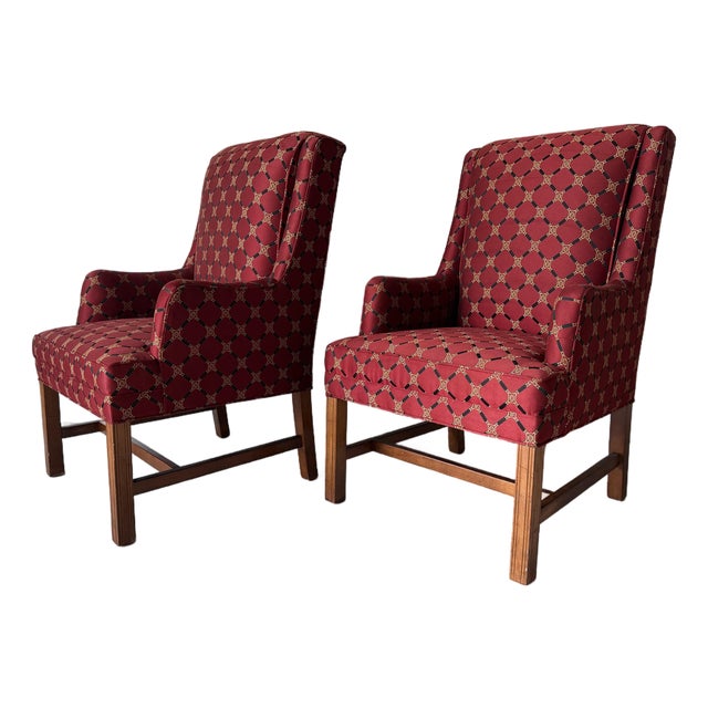 Vintage Hickory Traditional Upholstered Wingback Armchairs – A Pair For Sale