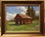 This oil on canvas depicts the remnants of an old house, its weathered red exterior set against a backdrop of lush...