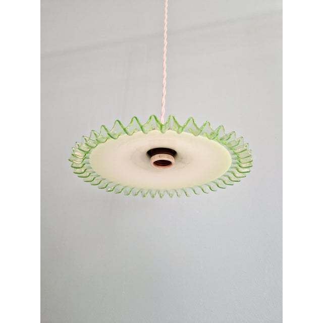 Art Deco Pendant Light in White Opaline Glass and Uranium Glass, France, 1920s For Sale - Image 9 of 12