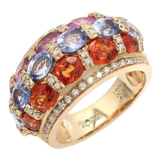 14k Yellow Gold Multi Sapphire and Diamond Wedding Ring Size 7 For Sale