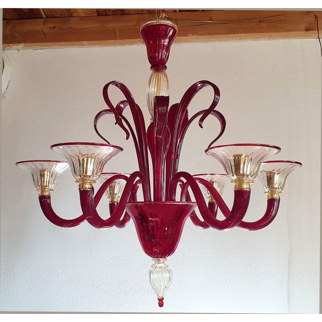 Large red and gold Murano glass chandelier, Mid-Century Modern, attributed to Venini, Italy 1960s A classical, or...