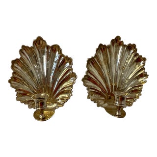 Mid 20th Century Vintage Brass Shell Wall Sconce Candle Holders - a Pair For Sale