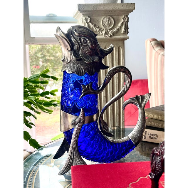 Late 19th Century Hand-Blown Sapphire Blue Glass Claret With Silver Motifs For Sale - Image 5 of 12