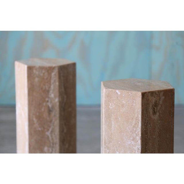 1960s 1960s Post Modern Travertine Hexagonal Pedestal Column End / Drink Tables - Set of 2 For Sale - Image 5 of 10