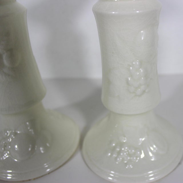 Antique Royal Worcester Crown Ware England Porcelain White Raised Fruit Beaded Rim Candlesticks, a Pair For Sale - Image 6 of 11