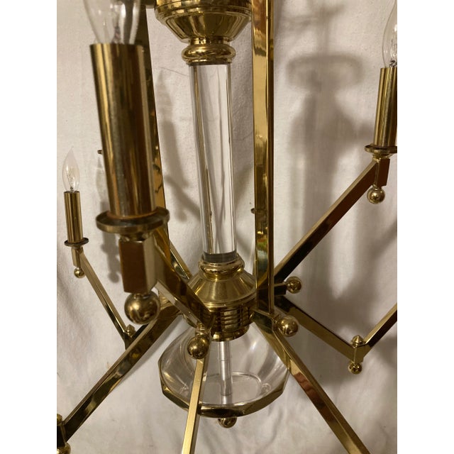 Mid Century Modern Lightolier Style Brass and Lucite Angular 9 Arm Chandelier For Sale - Image 4 of 9